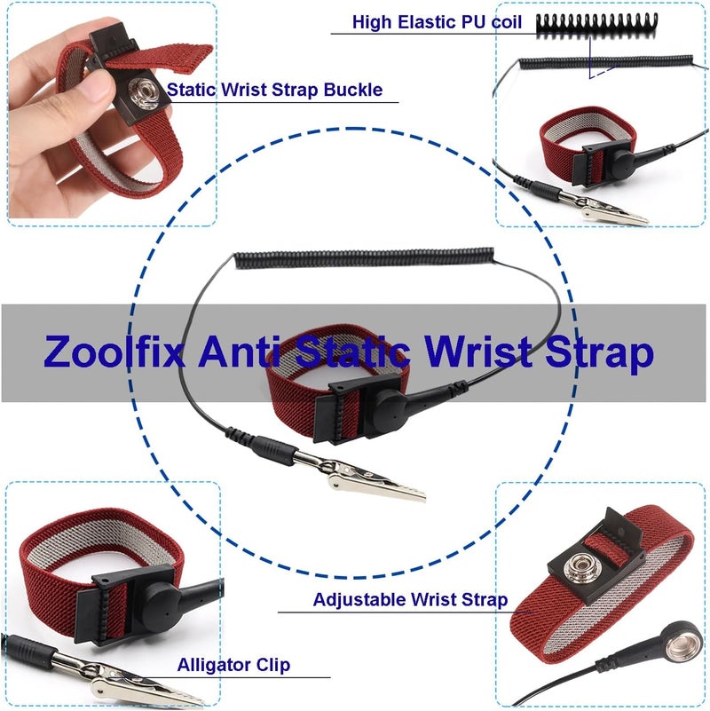 Zoolfix 10 Pack ESD Wrist Strap with Grounding Plug, Adjustable Coiled Cord (Red) - Image 2